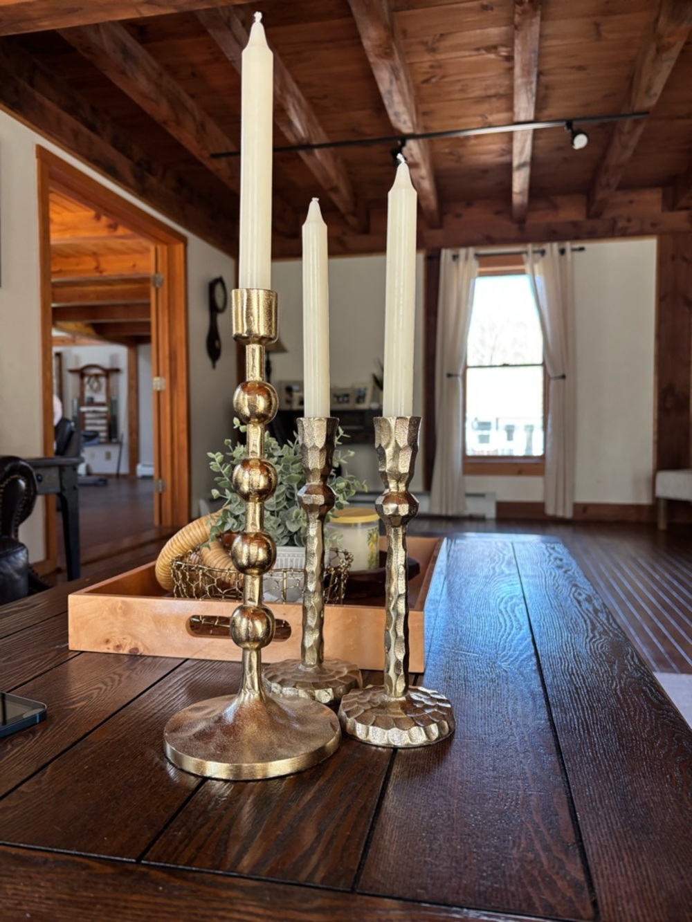 Gold Metal Taper Candle Holder Set with Cream Candles
